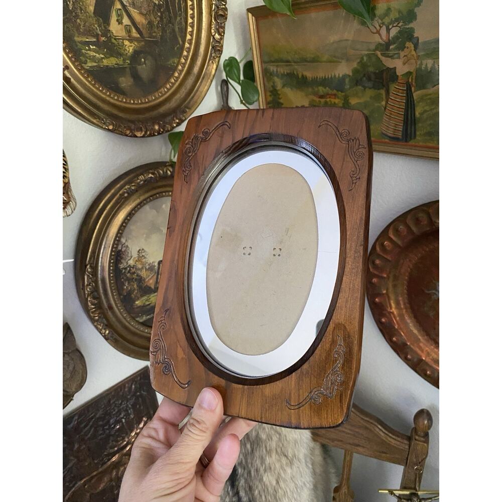 Vintage Oval Wood Frame Handmade Rustic Cottagecore Frame With Mirrored Mat